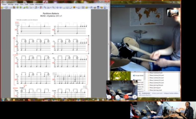 capture d'écran montrant un élève en plein cours de batterie en ligne